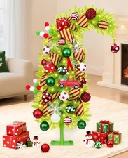 3FT Pre-Decorated Whimsical Small Christmas Tree with Lights, Artificial Bend...