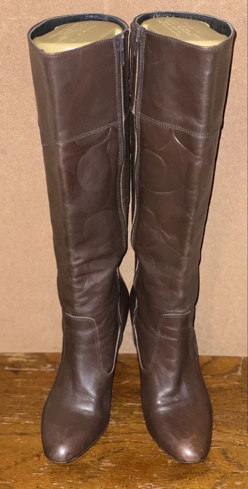 Coach Millie Size 7B Brown Leather Knee High Heel Zip Sides Logo Italy Boots - Image 2 of 4