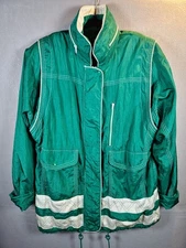 VTG 80s Lavon Shell Jacket Womens Full Zip w/ hood Green White Sailboat 90s sz M