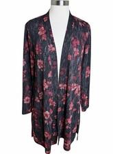 Susan Graver Liquid Knit Cardigan Size Small Black Red Floral Open Front Long