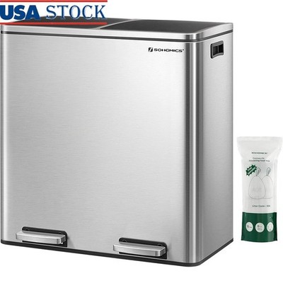 Dual Compartment Step Trash Can Soft-Close Hands-Free Stainless Steel Bins New