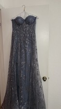 Strapless Blue Gray Beaded Evening Gown
