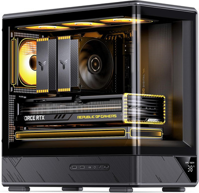 D200 Black Micto ATX PC Case,Digital Screen, One-Piece Curved Glass Desktop Desi