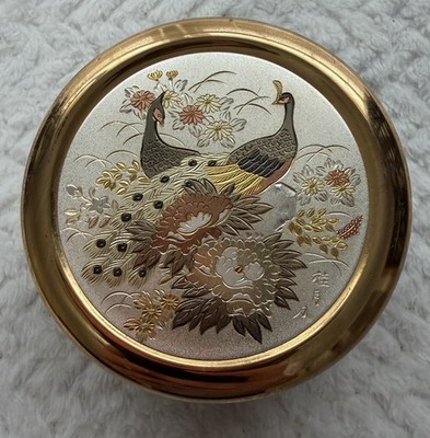 Vintage The Art Of Chokin Peacock Trinket Box 24K Gold Edged Lid Japan