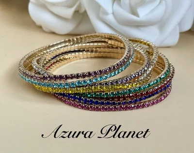 9 x Diamanté Stretch Bracelets - Mixed Colours Gold Plated Stacking Set - 18 cm - Image 1 of 4