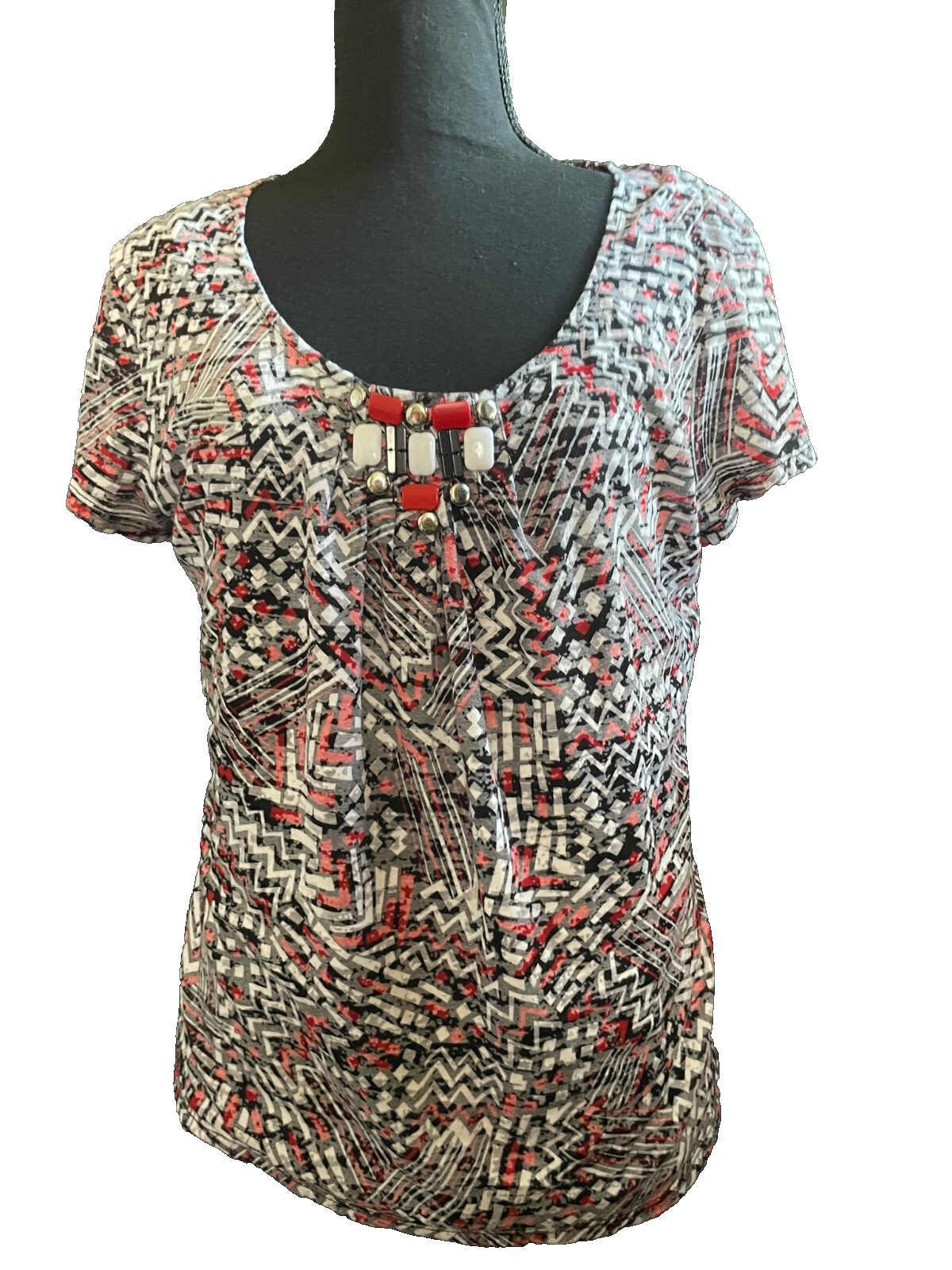 Ruby Red Women's Geometric Sheer Print Top w/ Jew… - image 2