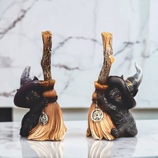 4.5"H 2-PC Black Cat w/ Broom Set Statue ation Figurine Home Decor Unique Gift
