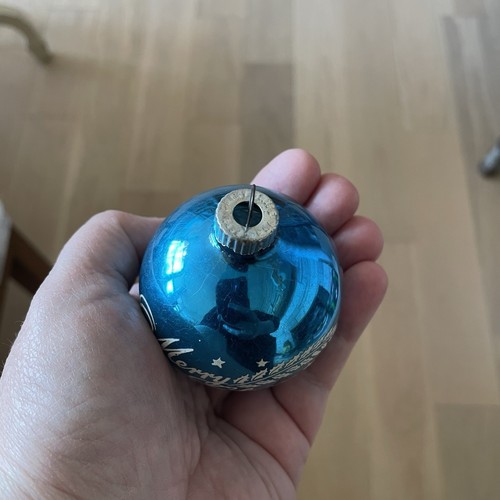 Vintage Shiny Brite Blue Merry Christmas Stencil Glass Ball Round Ornament 2 1/4 - Picture 6 of 8