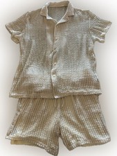 Women s Crochet Knit Matching Set Cream Open Weave Shirt Shorts Size L
