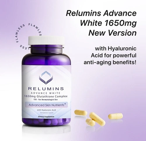 RELUMINS Advance White 1650mg Glutathione Complex + HYALURONIC ACID 90Ct - Picture 3 of 6
