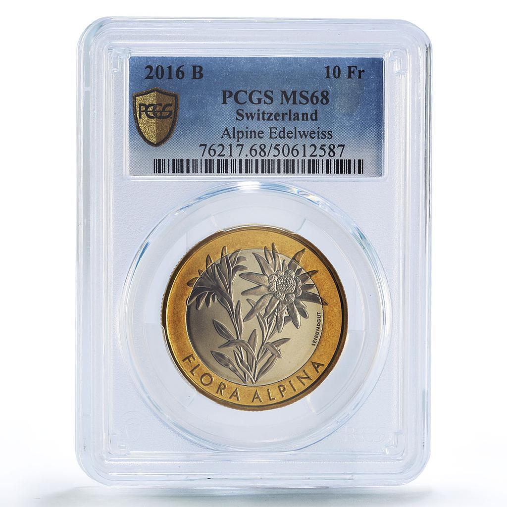 Switzerland 10 francs Edelweiss Flower Alpine Flora MS68 PCGS