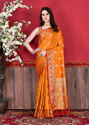 Designer Mustard Zari Weaving Pallu Motif Border Work Sari Silk Party Wear Saree