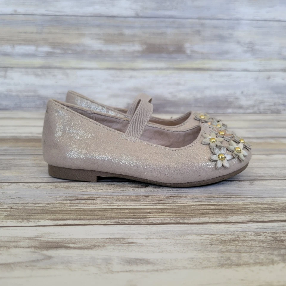 Children's Place Toddler Mary Jane Ballet Flats w/ Flowers Size 5 Gold Shimmer - Image 3 of 4