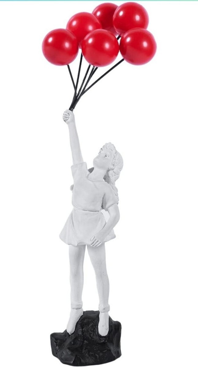 Girl w/ Red Flying Balloons Small White Modern Art Resin