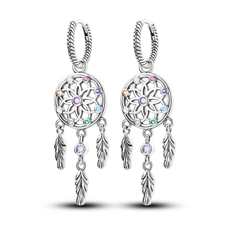 Crystal Dreamcatcher Earrings Minimal Earrings 925 Sterling Silver Hoop Earrings