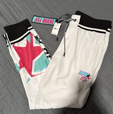 Born Fly Fly Wave Multicolor Stripe White Track Pants Zip Pockets Men's Large