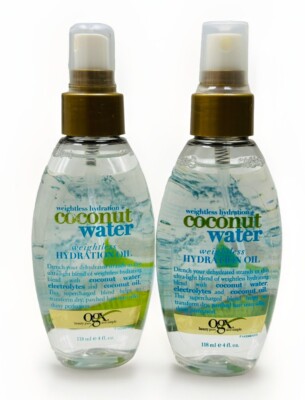 2 ogx weightless hydration coconut watrer oil spray 4oz ea scuffed bottle
