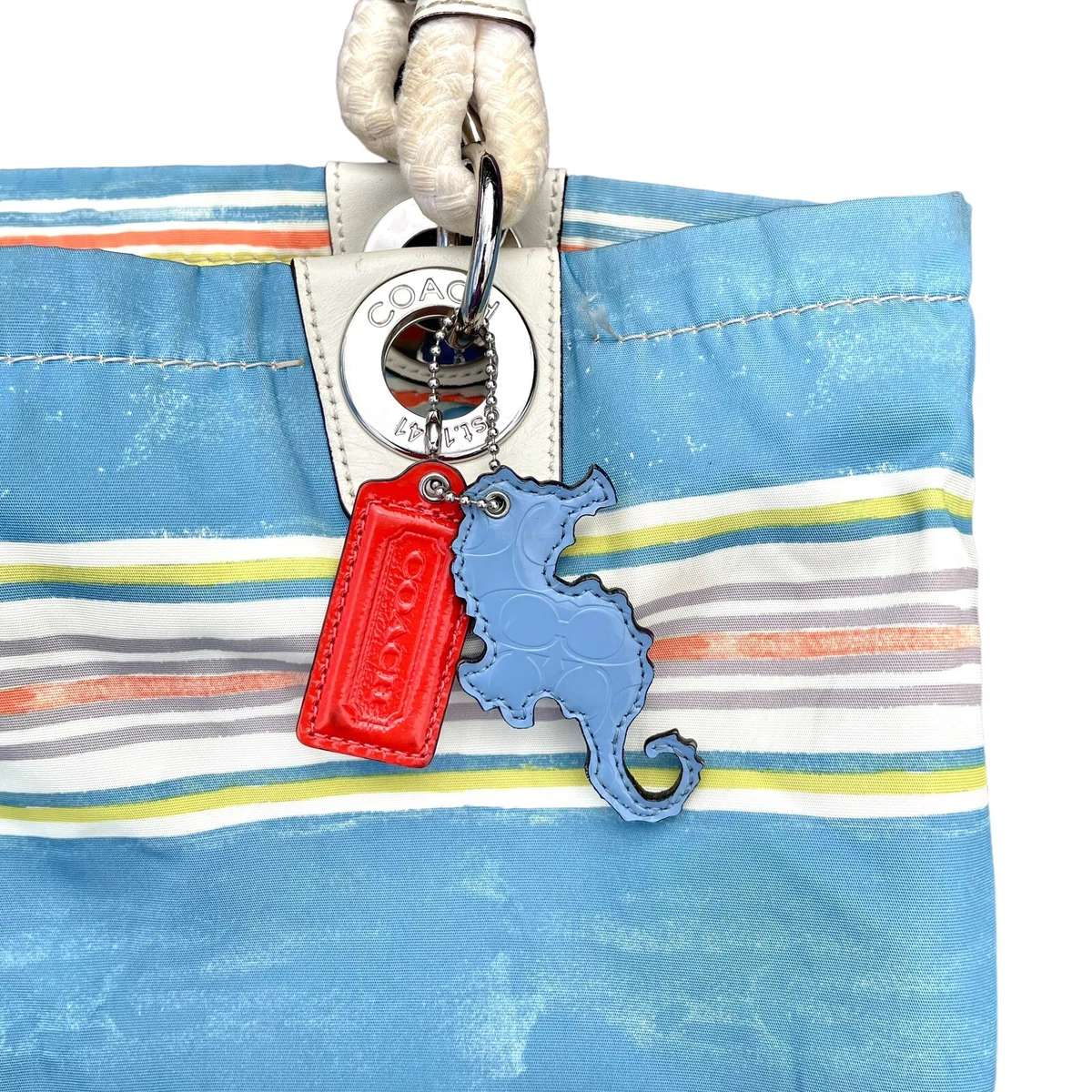 Coach nautical beach tote bag rope shoulder purse seahorse stripe blue white