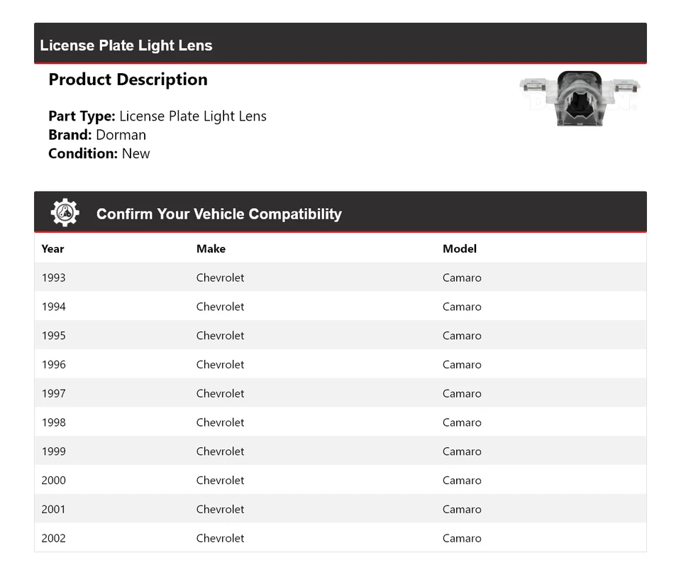 Lente de luz de matrícula para Chevrolet Camaro Dorman 1993-2002 1994 1995 1996 Foto 2 de 4