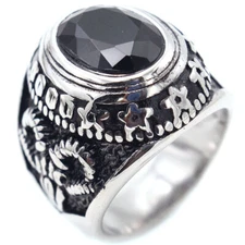 All Seeing Eye Black CZ Masonic Wedding Ring Stainless Steel Horn Ram Star Ring
