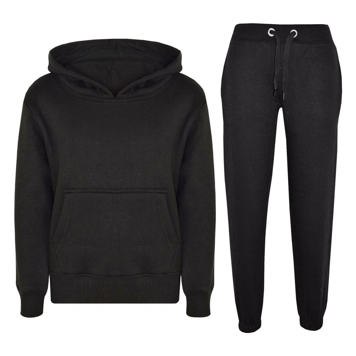 Kids Girls Boys Plain Black Hooded Hoodie Tracksuit Jogging Suit Joggers  5-13 Yr