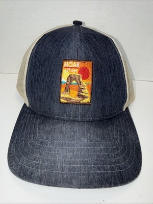Moab Utah Hat Snapback Trucker Cap Unisex Beige Navy Mesh Back Outdoor Hiking
