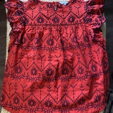 Embroidered Red  Navy Babydoll Top With Flutter Cap Sleeves, Sz Small