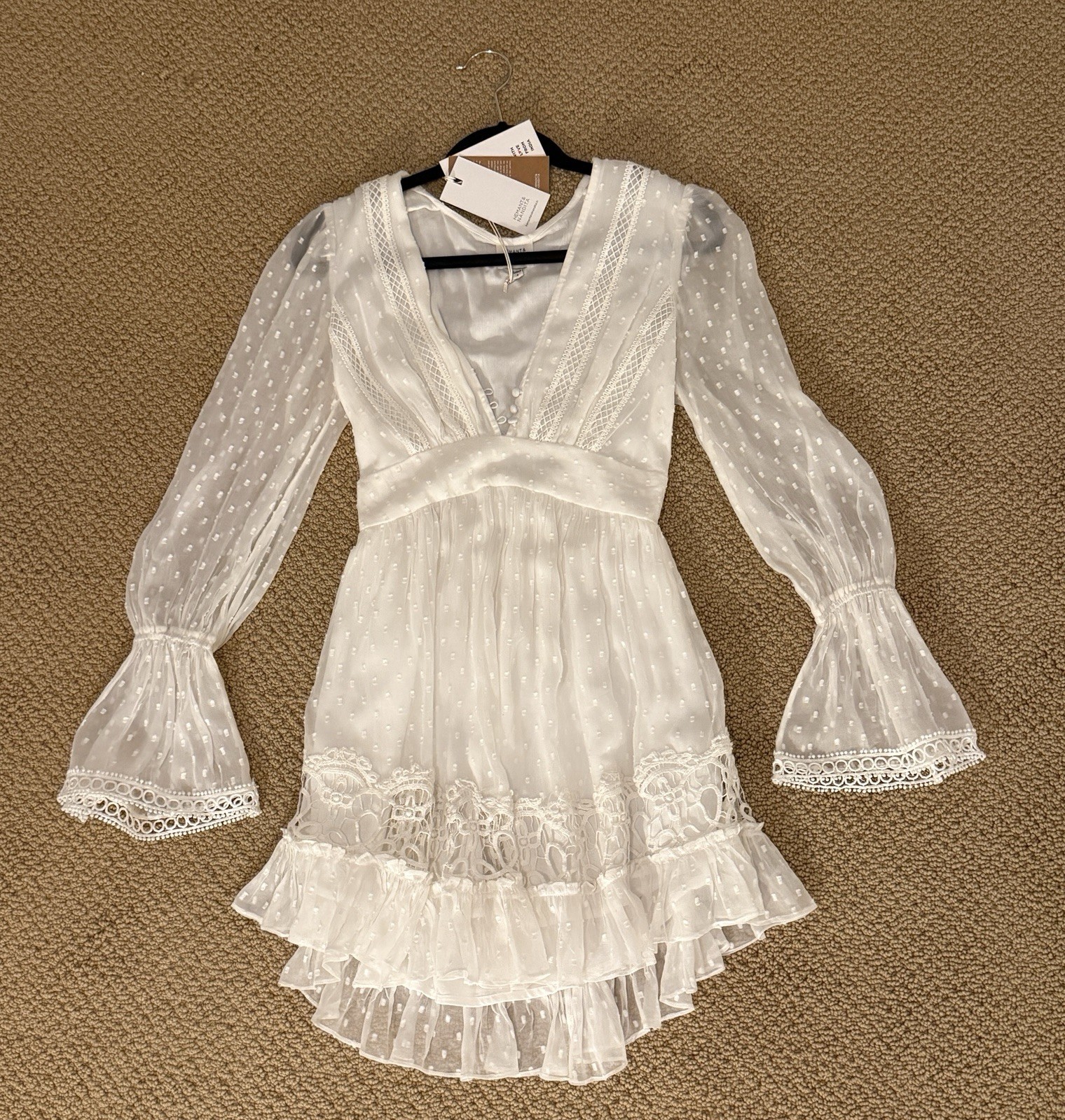 Hemant & Nandita White V Neck Long Sleeve White Lace Mini Dress Womens S