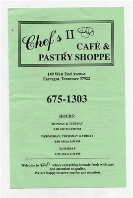 Chef's II Cafe and Pastry Shoppe Menus West End Ave Farragut Tennessee 1990's