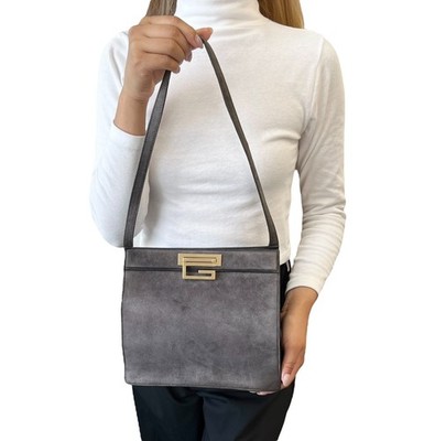 GUCCI Vintage G Square Logo Shoulder Bag Gray Gold Suede Leather