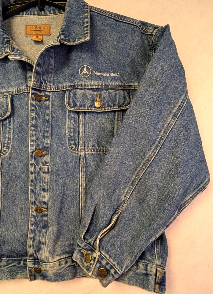 VTG Trucker Denim Jean Jacket Mercedes Benz Embroidered Medium Acid Wash Mens L - Image 2 of 4