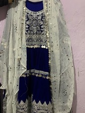 Royal Blue Afghan Kochi Dress with Heavy Silver Embroidery  Mirror Work Dupatta