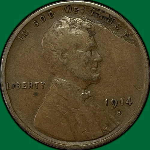 1914-S Lamination Error Lincoln Wheat Cent Fine F Coin #34561