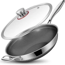 New Hybird 12 Inch Tri-Ply Stainless Steel Wok Pan with Lid,Ceramic Nonstick Sti
