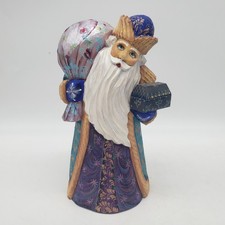 Russian Santa Turquois Cloak Hand Carved Wood Mantel Shelf Decor Signed 7.75" T
