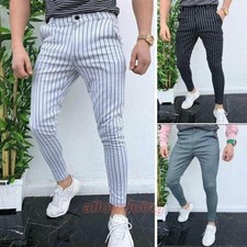 Summer Mens Plaid Striped Pencil Pants Formal Business Long Skinny Trousers
