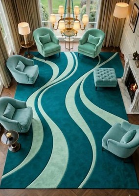 Hand Tufted 3D Wave Rug   Teal Seafoam Green Sculpted Abstract Living Room Decor