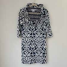 Gretchen Scott Dress Women's Small Blue White Print Ruffle Collar Shift Stretch