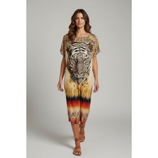 Bisou Bisou Tiger Print Shift Dress size 8 Slinky Knit Slim fit Big Cat Lover