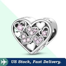 KUNSIR 925 Sterling Silver DIY Charm For Bracelet Pink Heart Zircon Bead Charm