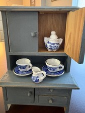 Vintage Blue Willow Doll House Hutch Miniature Ceramic Tea Set Japan Wood shelf