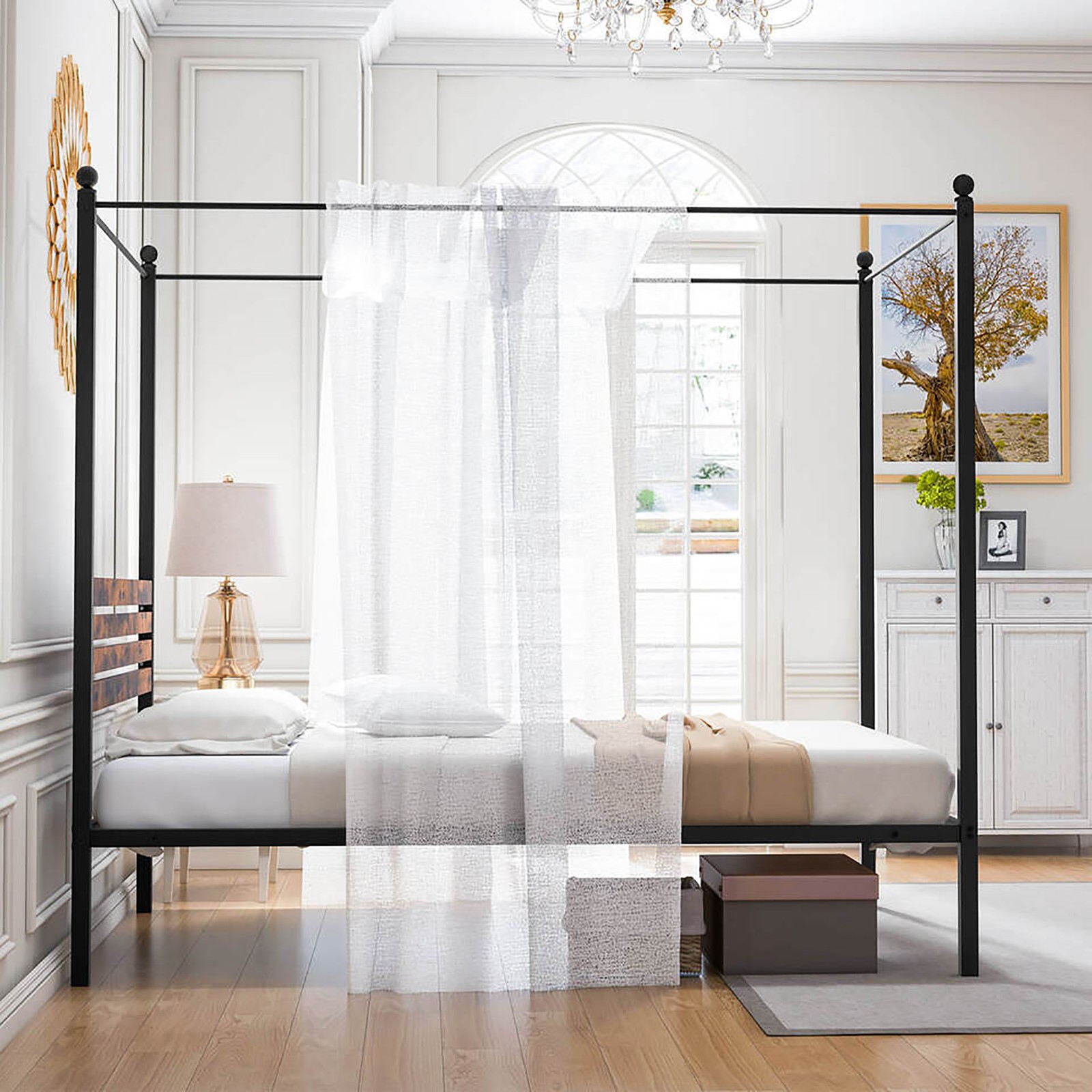 Full Size 4-Post Canopy Bed Frame Rustproof Metal Noise-free with Foot Pads