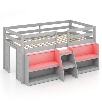 Twin Size Loft Bed w/ LED Lights Staircase & Safety Guardrail Under-bed Storage