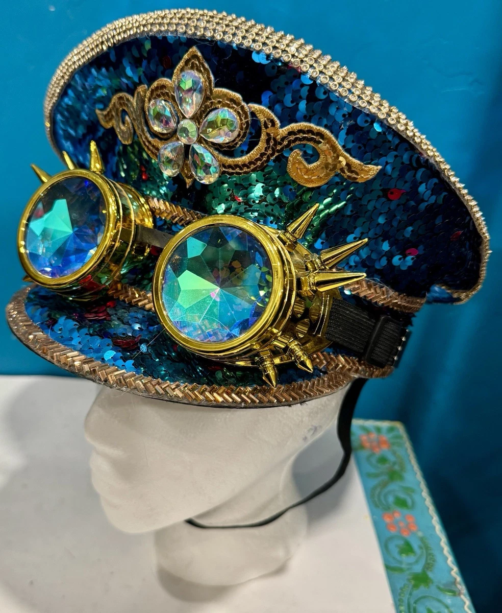 Steampunk Burning Man flip Sequin Captains Hat blue/gold Music Festival Burning Man Hat Sequin Military Captain Top  main image 2