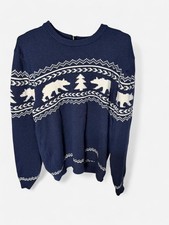 Lands' End Polar Bear Fair Isle Sweater Women's L Navy Blue Heavy Knit Crewneck
