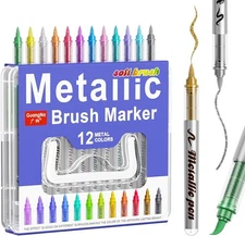 12 Colors Metallic Soft Brush Markers with Carrying Case,Non-Bleed Ink, Odorless