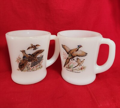 2 Fire King Game Bird White Milk Glass Mugs Ruffed Grouse Ring Necked Pheasant