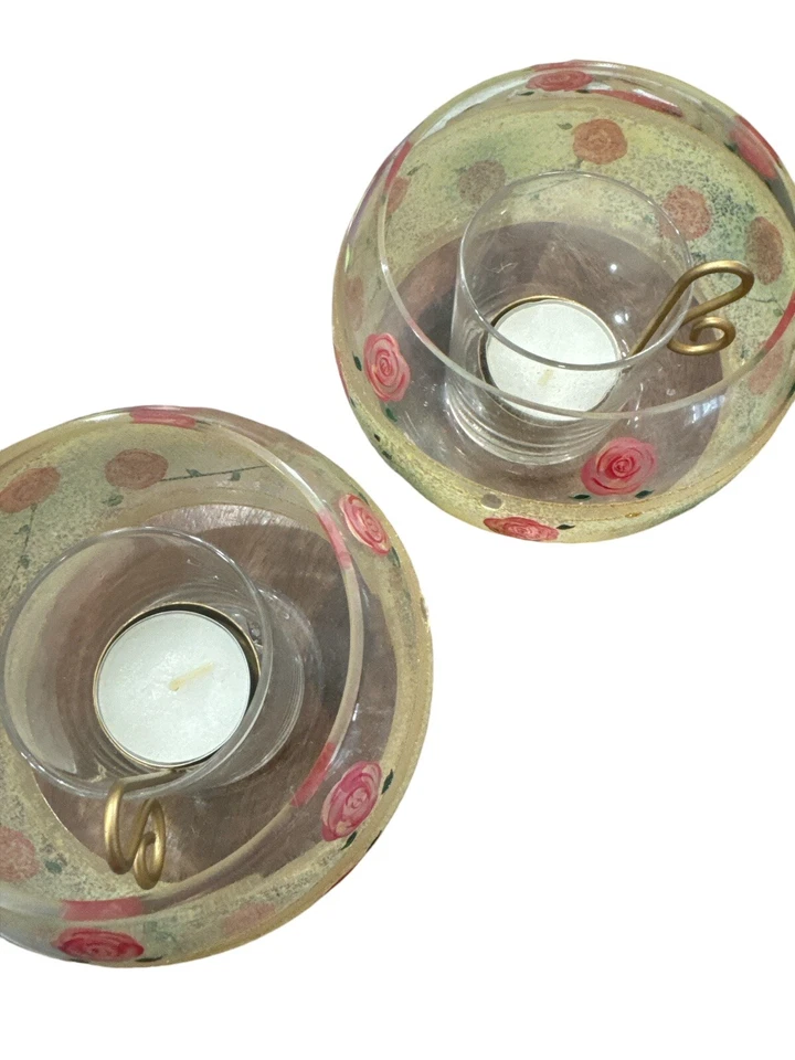 Set Of 2 MADIGGAN AUSTRALIA CRYSTAL HAND PAINTED  ROSEs Gold VOTIVE 5” - Image 2 of 4