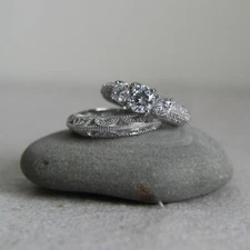 Victorian Style 925 sterling silver set of 2 three-stone round wedding set