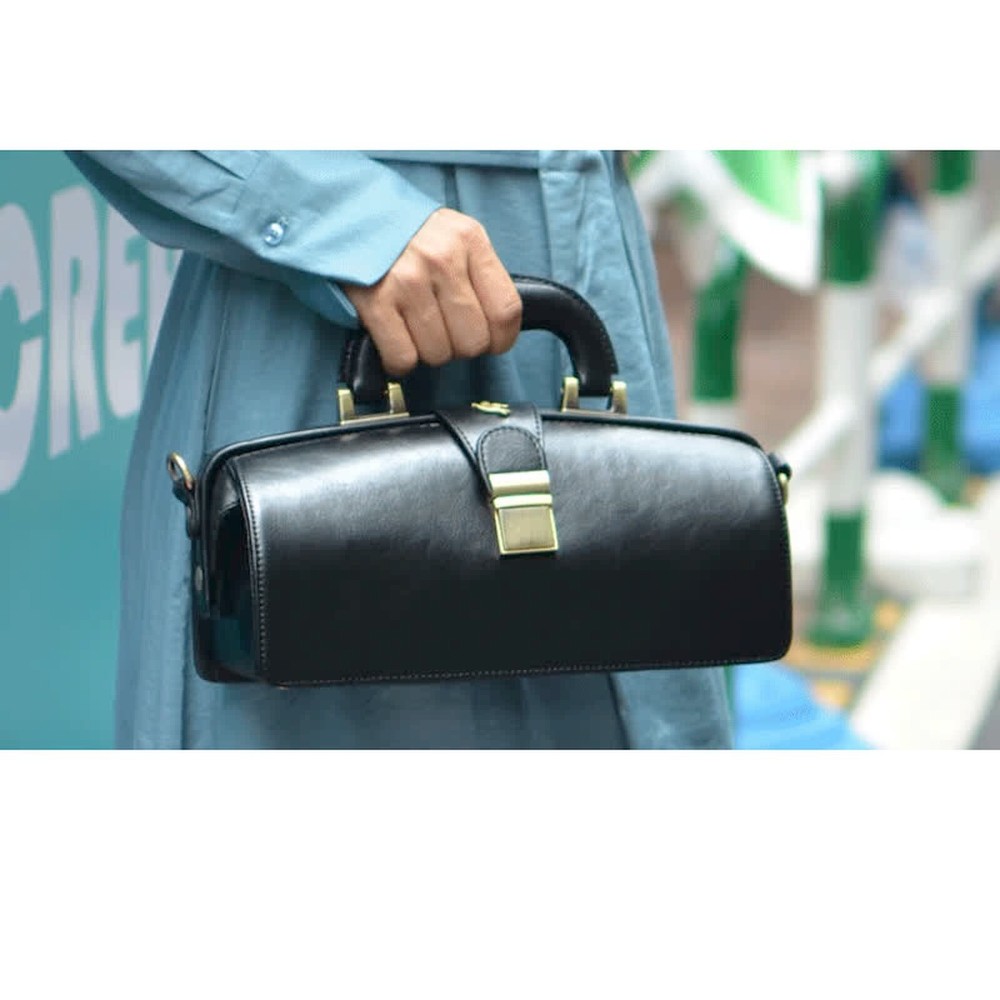 Erivis Black Leather Women’s Doctor Bag Genuine Vintage Look with Strap